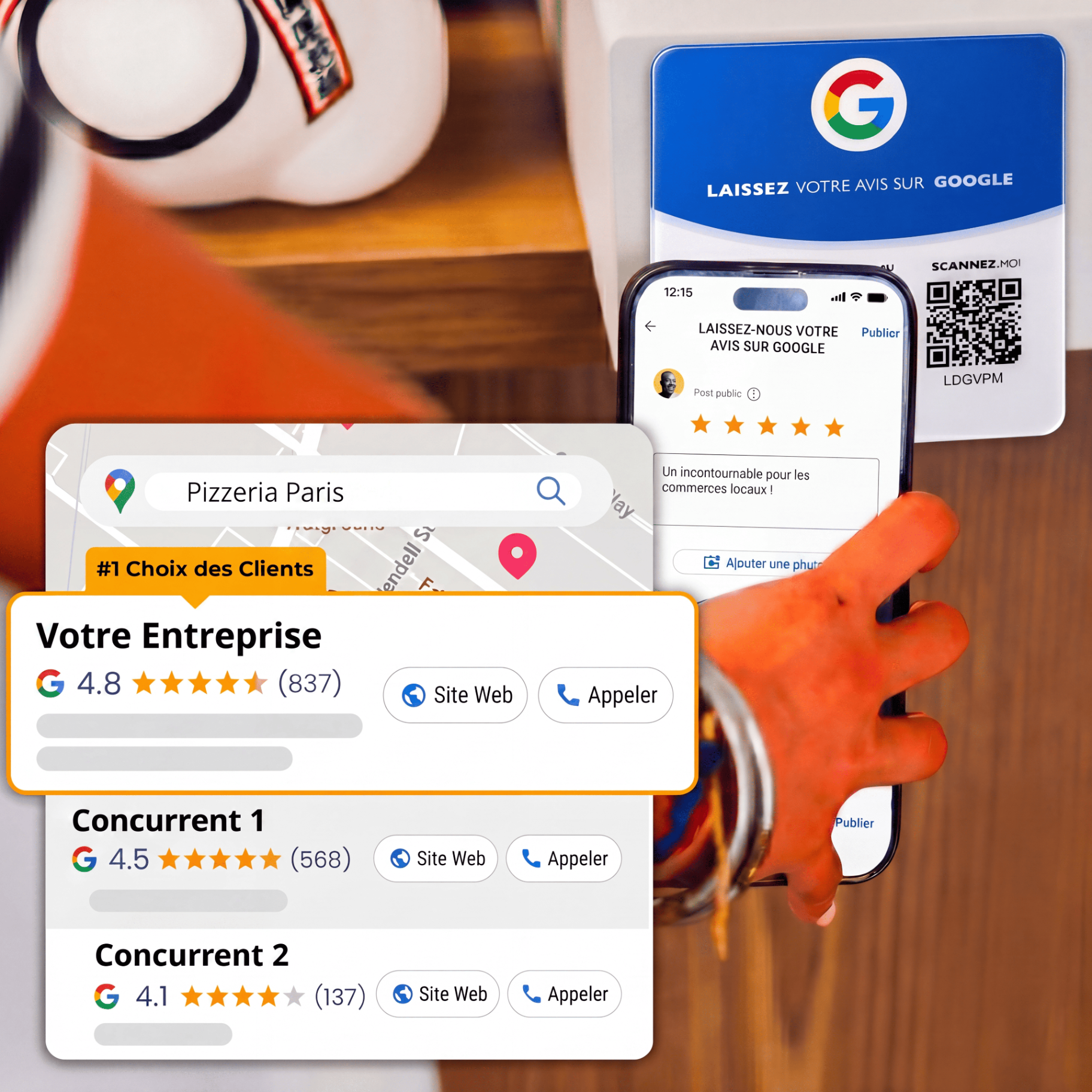 Plaque PushTap NFC + QR posée sur un comptoir